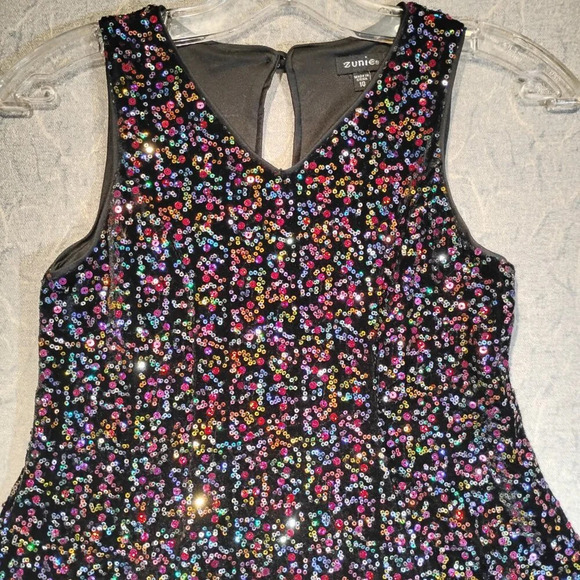 ZUNIE Black Rainbow Sequins Sleeveless V Neck Lined Dress in Size 10 - Picture 2 of 9